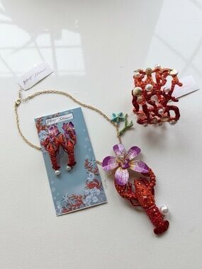 Rare Betsey Johnson Red Lobster Necklace with Purple Orchid Earrings & Bracelet